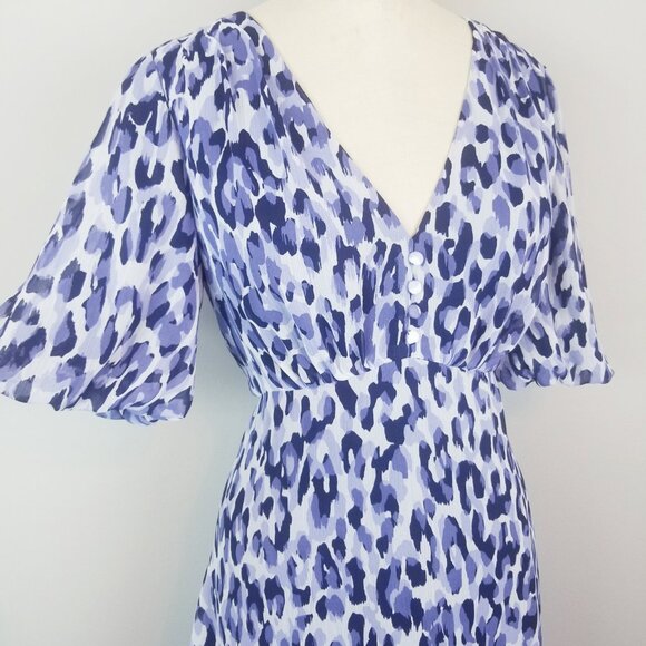 Jessica Howard Blue Leopard Fit & Flare V Neck Midi Dress Size 10 - Picture 2 of 10